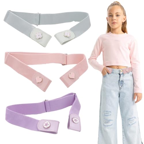 DIFLAX 3 Pièces Pièces Ceinture Enfant Fille Ceinture élastiques Sans Boucle Enfant Réglable Ceinture Extensibles Invisibles Ajustable Ceintures avec 3D...