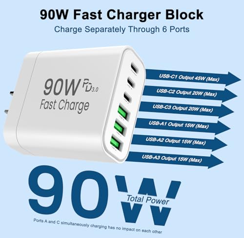Image of 90W GaN USB C Charger Block [3 Pack],6-Port USB C Wall Charger Fast Charging 45W PD Power Adapter for MacBook Air /iPad Pro /iPhone 17Pro Max /Samsung Galaxy S24 Ultra /Tabs for Home Travel