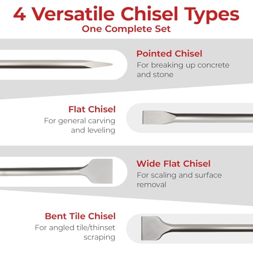 Image of SDS Plus Masonry Chisel Set - 4-Piece Heavy-Duty Chisel Bits for Hammer Drill - Includes Flat, Pointed & Tile Chisel - Concrete, Tile Removal Tool