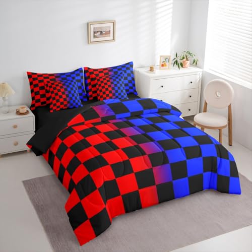 Image of Checkered Comforter Set With Sheets 7 Piece King Size Red Blue Plaid Bed in a Bag Kids Boys Girls Cute Retro Neutral Checkerboard Geometric Bedding Set Vintage Aesthetic Bedroom Decor Breathable Soft