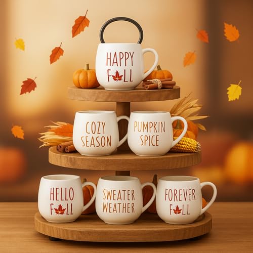 Layhit 6 Pcs Fall Coffee Mugs Set - 12 oz Ceramic Autumn Mugs Bulk, Reusable Thanksgiving Cups with Handle for Thanksgiving Party Favors Gifts, Dishwasher and Microwave Safe