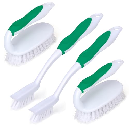 HileSwan Scrub Brush Set 4 Pack Deep Cleaning Brush Kit - 2 Scrub Brush 2 Tile & Grout Brush with Built-in Scraper Household Commercial Scrubber for Floor Shower Pool Wall Tub (Green)