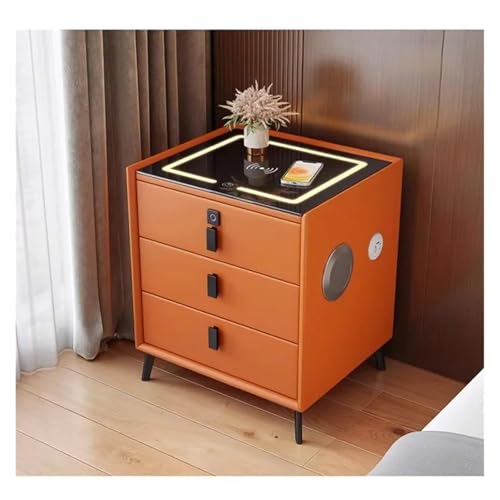 ZKLGS Lujosa mesita de Noche Inteligente de Madera Maciza con Tres cajones, compacta, for Dormitorio, Detalles en Cuero, Carga inalámbrica integrada para Trabajar(Oranje,45x40x60cm)
