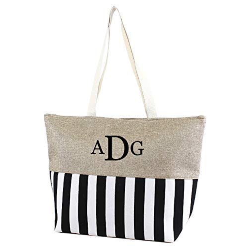 Personalized Embroidery Monogrammed Large Zipper Top Stripe Print Canvas Beach Bag Tote - 22 inches by 14 inches by 7 inches