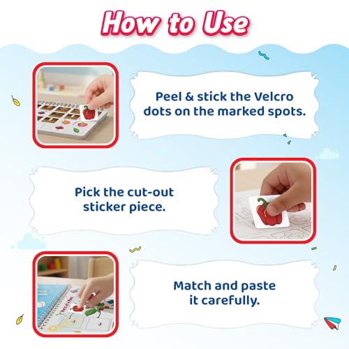 Image of Pick & Stick Velcro Learning Activity Book For Kids | Busy Book Level 1 For 2+ Years Old Toddlers | Montessori DIYs, Skill Builder, Numbers, Alphabets, Body Parts, Colors, Travel Vehicles, Kids Gifts