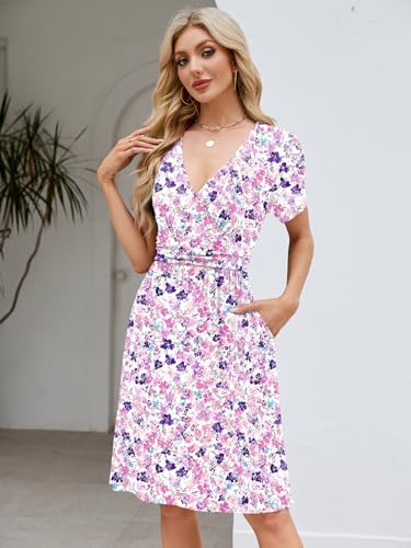 Image of Naggoo Womens Summer Dresses for Women 2026 Spring Floral Sundress Short Sleeve V Neck Wrap Dress with Pockets