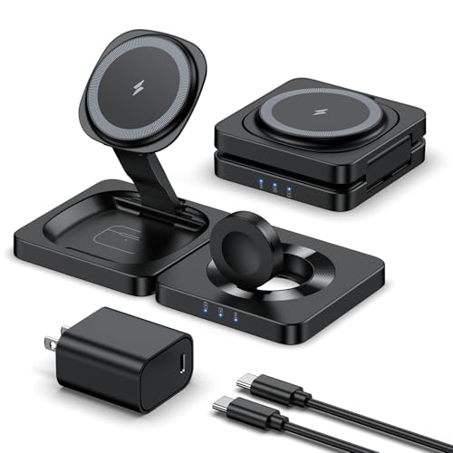 2025 Magnetic Wireless Charging Station - ADADPU 3 in 1 Foldable Mag-Safe Charger Stand for Multiple Apple Devices, Travel Charging Pad for iPhone 17 16 15 14 13 12 Pro Max Plus Apple Watch AirPods