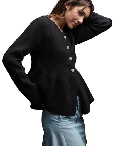 Image of Arssm Womens Button Down Peplum Sweater Cardigan Long Sleeve Crewneck Lightweight Ribbed Knit Top(Black-M)