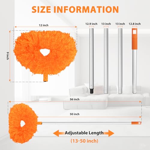 Image of Ceiling Fan Cleaner Duster High Ceiling Extended Fan Blade Cleaner from 13 to 50 Inch Reusable Microfiber Ceiling Fan Duster with Extension Handle for Furniture Bookshelves Wall Door (Orange)