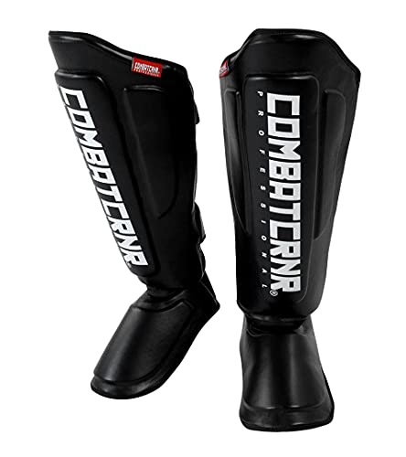 Supreme Shin Guards | Protective Leg Pads | MMA MuCombat Corner Supreme Leather Muay Thai Shin Guards | Full Leg Protector Pads and Fighting Training ay Thai Boxing Training Kickboxing | Black | Large