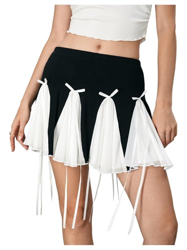 Verdusa Women's Coquette Colorblock Bowknot Ruffle Skirt High Rise A Line Mini Skirts2