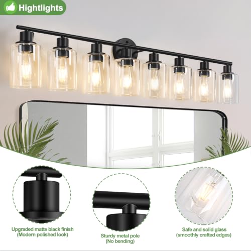 Image of Zarbitta 8-Light Bathroom Light Fixtures, Black Modern Vanity Lights with Clear Glass Shade, Bathroom Wall Lamp, for Mirror Kitchen Living Room Hallway Cabinet Porch