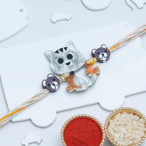 Image of eCraftIndia Unique Cat Design Rakhi for Kids Girls Boys with Best Bro Ever Fridge Magnet | Raksha Bandhan Kids Rakhi for Brother Bhaiya Bhai | Roli Chawal Pack