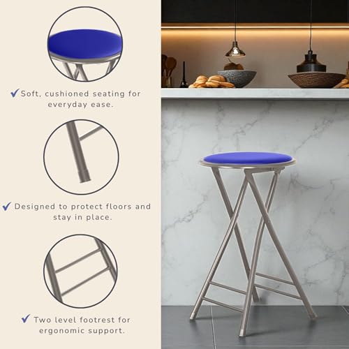Image of Lavish Home Folding Stool with Padded Backless Seat Set of 2, Blue, 24 inch | Counter Height Bar Stools with 225lb Capacity, Portable Indoor & Outdoor, Extra Seat for Kitchen, Rec Room or Camping