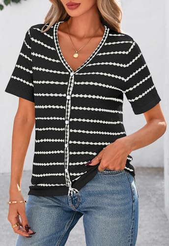 Image of NALANISA Women's Short Sleeve Sweater Spring Summer Crochet Knit Tops 2026 V Neck Striped Button Down Dressy Casual Blouses