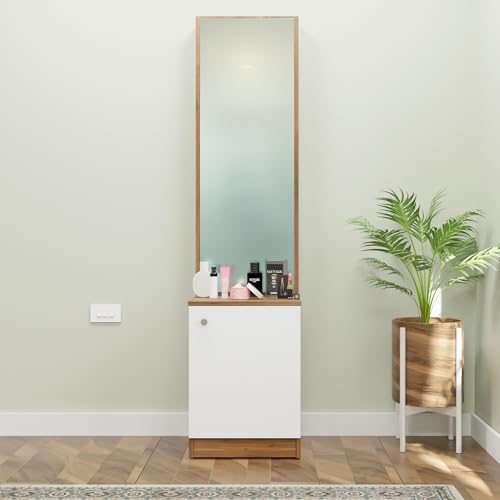 Image of VIKI | Engineered Wood Dressing Table 1 Door with Shelf, Mirror and Huge Storage Space | Vanity for Living Room, Bedroom (Brussel Walnut & Frosty White - 43.8W x 40D x 182.6H cms)
