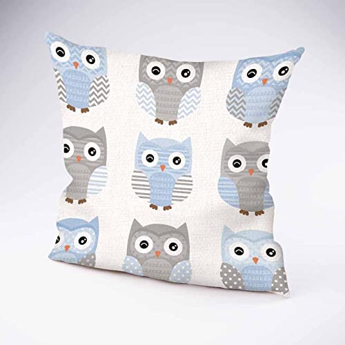 Pehede Throw Pillow Cover Cute Blue And Grey Owl Cartoon Cotton Linen Pillow Case Decorative For Sofa Couch Chair Bedroom 18X18 Inch #TOP1