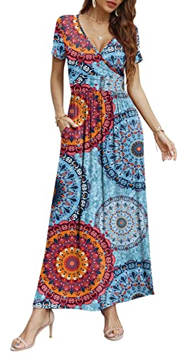 Image of CATHY Maxi Dresses for Women Short Sleeve V-Neck Casual Long Summer Wrap Dress with Pockets