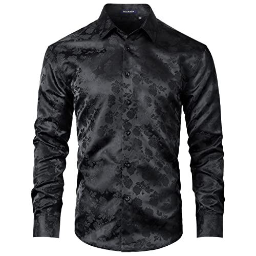 Enlision Chemise décontractée en Soie pour Homme Chemise en Satin Jacquard Floral Noir pour Homme Motif Cachemire Manches Longues Coupe régulière Chemise boutonnée pour Chemises de Smoking de Mariage Cover