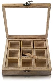 Handmade Wooden Seasoning Herb Spice Masala Box Container Holder Rack Stand Caddy With Spoon & Clear Lid Decorative Storage Chest Organizer For Kitchen Pantry Cabinet Drawer Storage 20 x 20 cms