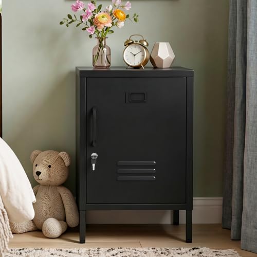 GirthIron Lockable Metal Nightstand Black