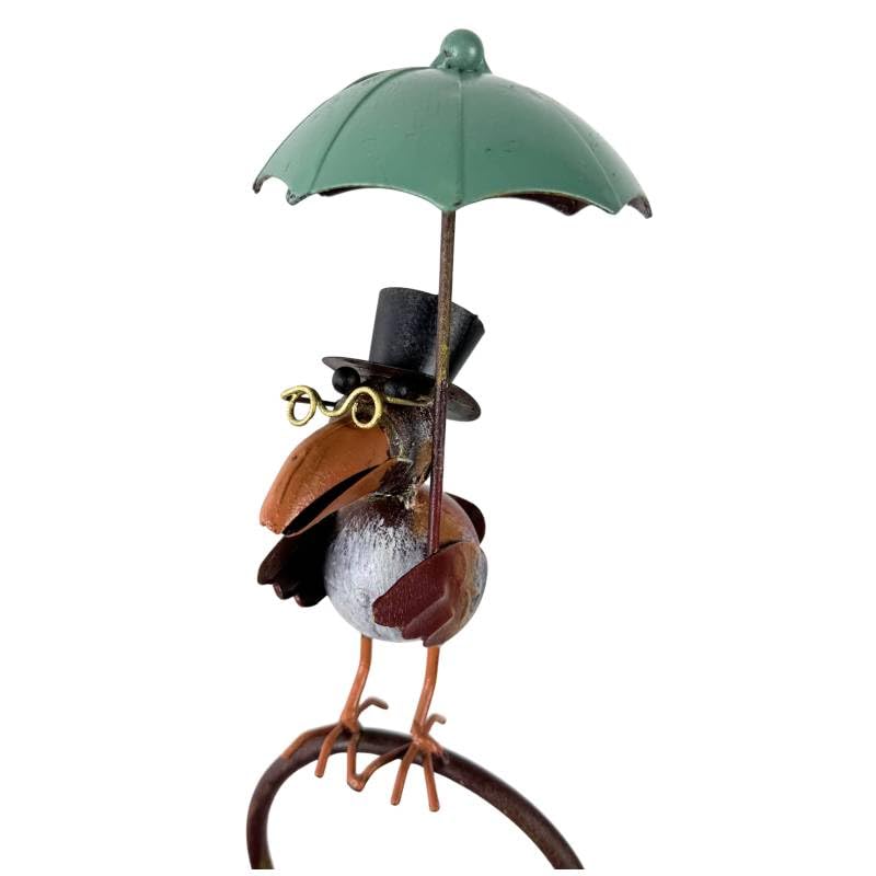 Pluviomètre à Piquer Tuteur à Plantes Déco de Jardin Corbeau Parapluie Vert en Acier et Verre 10x18x132cm