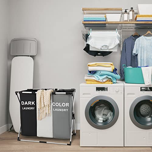 Laundry Basket Hamper 3 Section Dirty Clothes Hamper With Mesh Cover Foldable Aluminum Frame Laundry Sorter Organizer For Bathroom Bedroom Nursery (White+Grey+Black) #TOP7