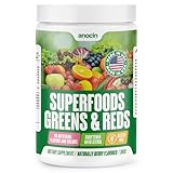 anocin Greens + Reds Superfood Powder – Organic Spirulina, Chlorella, Wheatgrass & Berry Antioxidants – Probiotics + Digestive Enzymes – 30 Servings, No Sugar, Great Taste, Mixes Smoothly