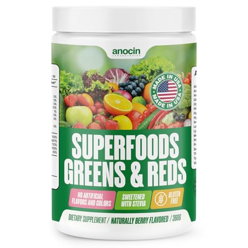 anocin Greens + Reds Superfood Powder – Organic Spirulina, Chlorella, Wheatgrass & Berry Antioxidants – Probiotics + Digestive Enzymes – 30 Servings, No Sugar, Great Taste, Mixes Smoothly