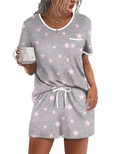 Image of Ekouaer Pajama Set for Women 2 Piece Lounge Set Short Sleeve Tops and Shorts Soft Sleepwear, Chest Pocket