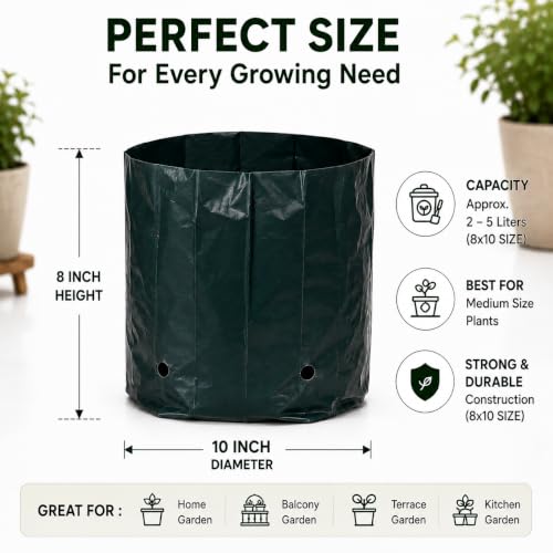 Image of Go Garden Grow Bags for Plants 8 x 10 Inch (Pack of 300) | UV Protected Plastic Nursery Grow Bags | Heavy Duty Black Poly Plant Bags with Drainage Holes for Vegetables, Flowers, Herbs & Home Gardening