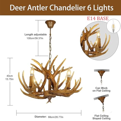 Plafond rétro 6 lumières et lustre résine bois de cerf style pastoral - 8