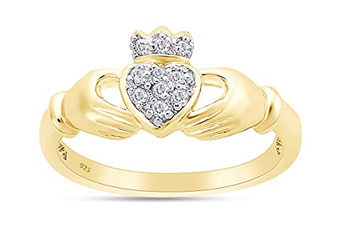 AFFY 1/10 Carat Round Cut White Natural Diamond Claddagh Ring In 14K Gold Over Sterling Silver (Clarity : I2-I3, Color : J-K, 0.1 Cttw)