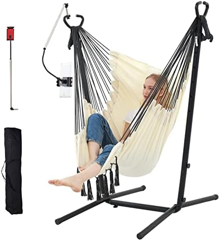 Hammock Chair with Stand Double Hammock Chair Bohemian Style with Tassel Phone Stand Handmade Adjustable Swing Indoor Outdoor Patio Garden Porch with footrest can Lie Down Capacity 400 pounds (Gray)