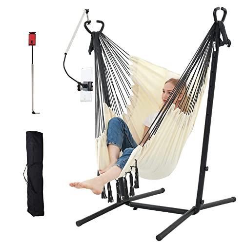 Hammock Chair With Stand Double Hammock Chair Bohemian Style With Tassel Phone Stand Handmade Adjustable Swing Indoor Outdoor Patio Garden Porch With Footrest Can Lie Down Capacity 400 Pounds (Gray) #TOP1