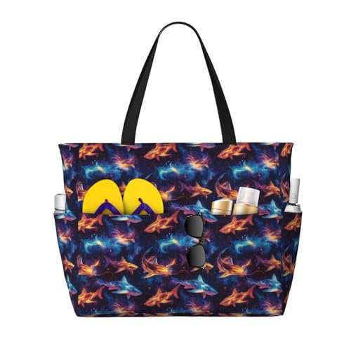 Large Beach Bags for Women Sandproof - Fantasy Shark Print Summer Travel Work Tote Bags with Zipper