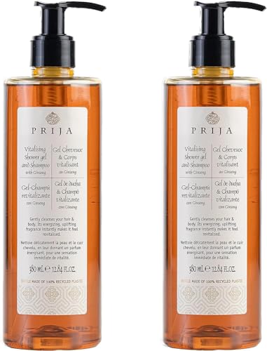 Prija - Champú para piel y cabello y gel de ducha con ginseng con 2 dispensadores prácticos, 2 x 380, fabricado en Italia.