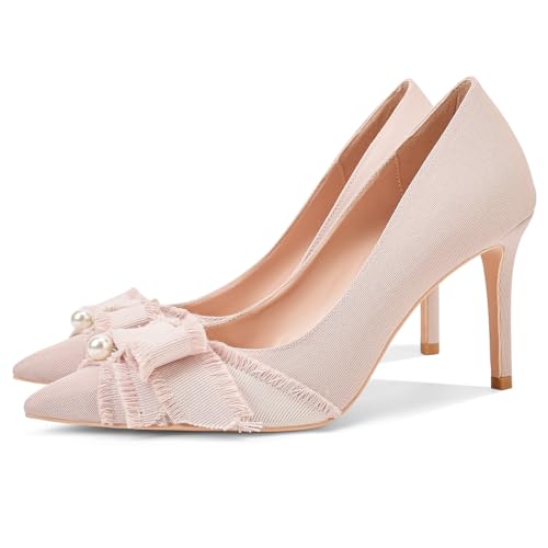 Light Pink Bowknot Women Pumps Pearl Low Heels Dress Shoes Comfortable Pointed Toe Kitten Heels 3 Inch Office Shoes2