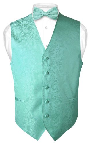 Vesuvio Napoli Men's Paisley Design Dress Vest & Bow Tie AQUA GREEN Color BOWTie Set