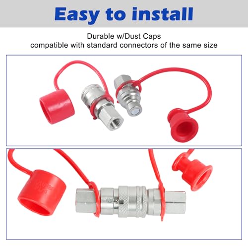 Image of 1 /4 inch Body & 1 /4 inch NPT Hydraulic Quick Connect Fittings Thread Set - Flat Face Hydraulic Couplers with Dust Caps, High Flow Skid Steer ISO 16028 Hydraulic Fittings