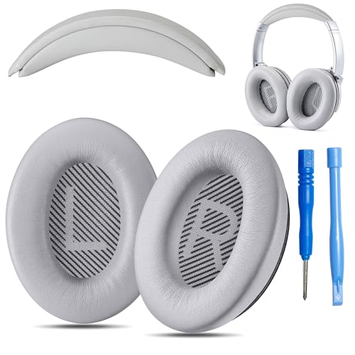 Almohadillas QC35 de cuero gris para solucionar el desgaste de diadema en Bose QC35 II