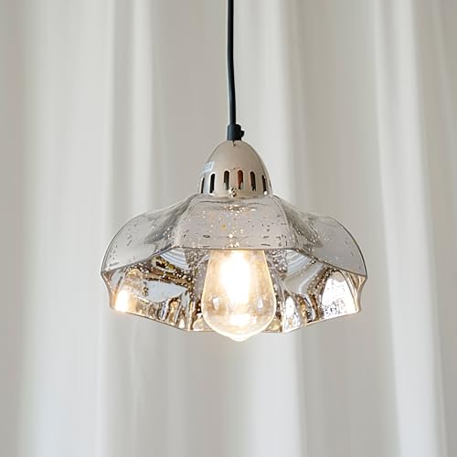 Image of Pendant Light with Vintage Silver Glass Shade - Modern Hanging Light Fixture, Easy Install with Cord, E26 Socket for Kitchen Island, Bedroom, Dining Room, Living Room Decor