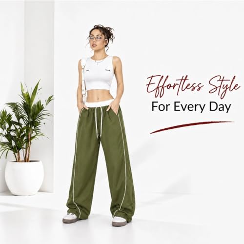 Image of Women's Baggy Loose Fit Wide Leg Track Pants | Elastic Waist Drawstring Casual Lounge Trousers with Side Stripe and Pockets