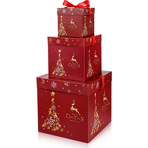 3 peças de caixas de presente de natal com tampa caixas de encaixe caixas de natal para presentes caixas de presente de árvore de Natal vermelha para presente de Natal Ação de Graças Presentes e decorações de embrulho de Ano Novo (árvores douradas)
