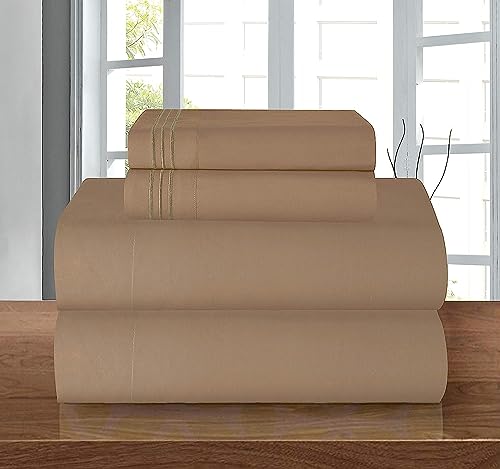 Elegant Comfort Luxury 1500 Premium Hotel Quality Microfiber 4-Piece Sheet Set - Wrinkle Resistant, All Around Elastic Fitted Sheet, Deep Pocket up to 16", RV Short Queen, Taupe