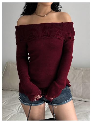 Image of MakeMeChic Women's Ripped Bell Sleeve Sweaters Off The Shoulder Knitted Pullovers Top