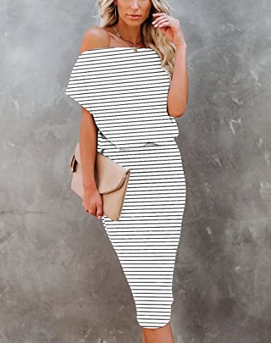 Image of EZBELLE Women's Summer Dress Off The Shoulder Short Sleeve Ribbed Casual Party Bodycon Midi Dresses