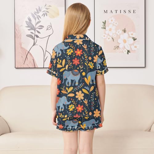 ALAZA Elephant Flower Floral Print Pajamas Satin Pajama Set Short Sleeve Button Down Sleepwear4