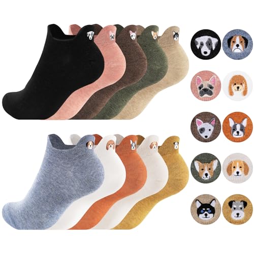 Effeet Lustige Sneaker Socken Damen 10 Paar Atmungsaktive Baumwolle Bunte Kurze Socken Damen 39-42 35-38 Witzige Sneakersocken mit Stickmustern Geschenke für Frauen Mama Freundin Hund