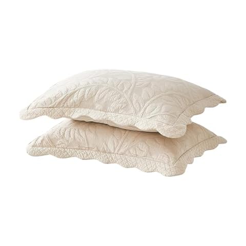 MarCielo 2-Piece 100% Cotton Quilted Pillow Shams Embroidered Farmhouse Pillow Shams (Standard, Natural Beige) Cover